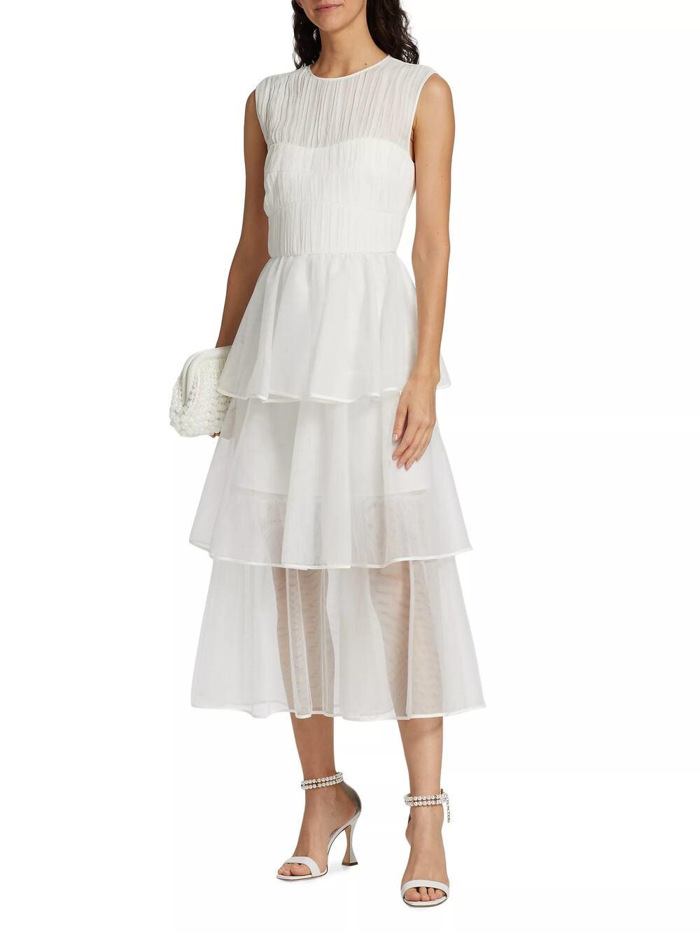 NWT Jonathan Simkhai Benton Tiered Tulle Plisse Midi Dress White Size 4